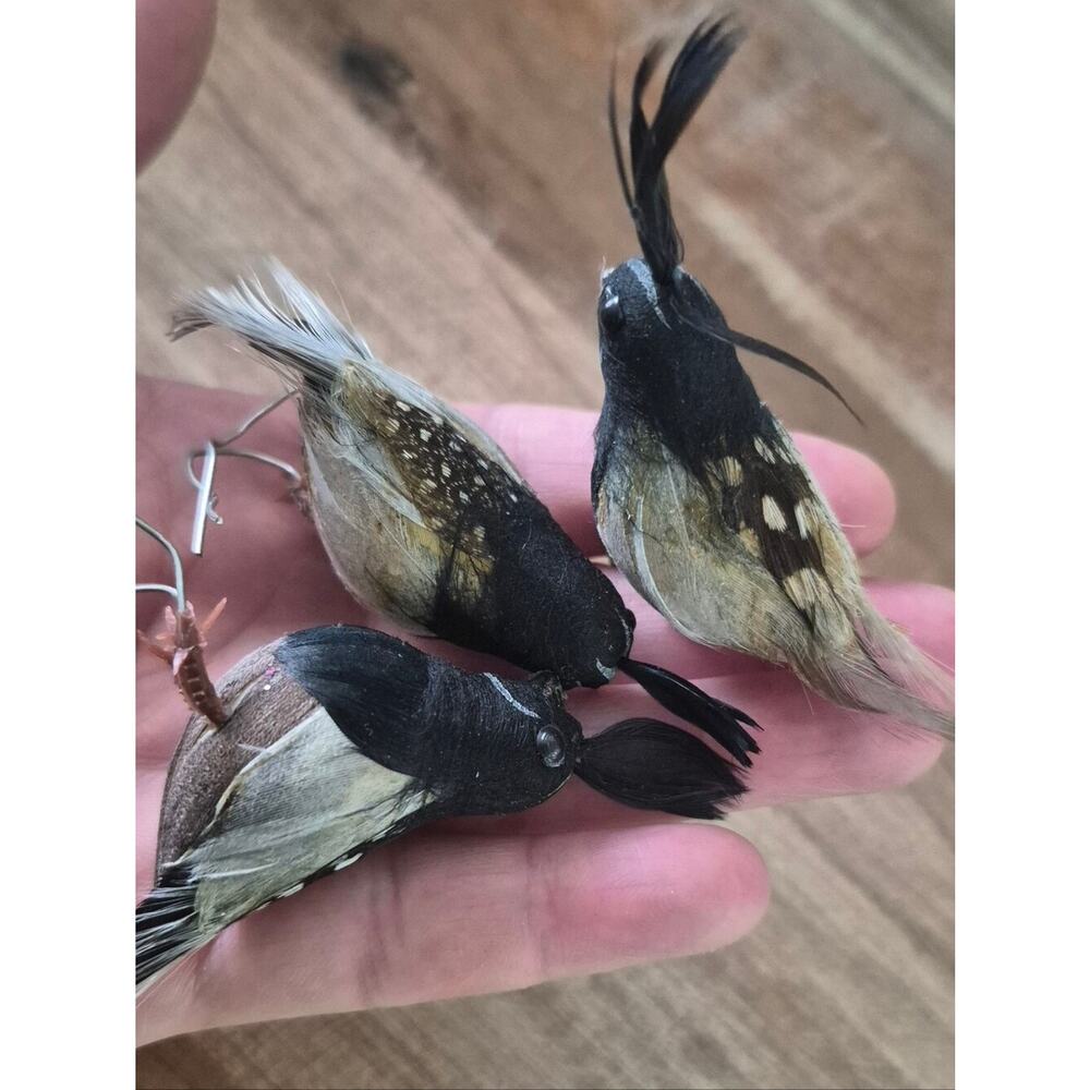 Set of 3 Decorative Faux Feathered Songbird Ornaments - Black & Brown